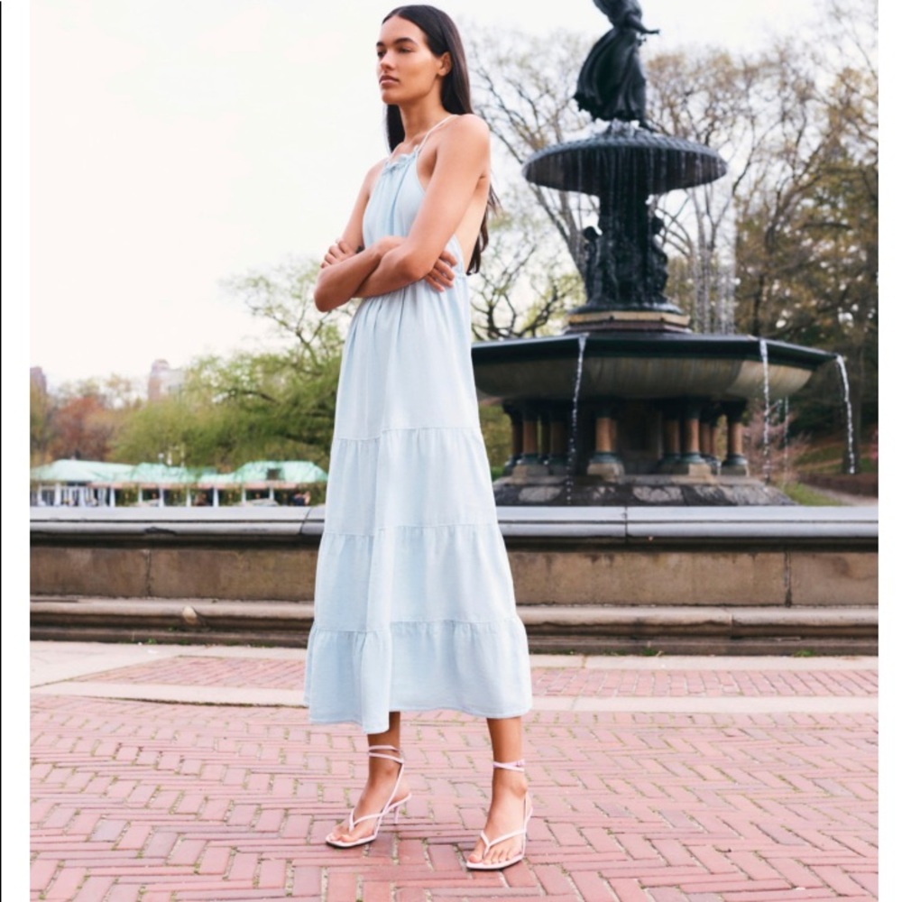 Zara Blue Linen Blend Midi Dress Cross Back Small